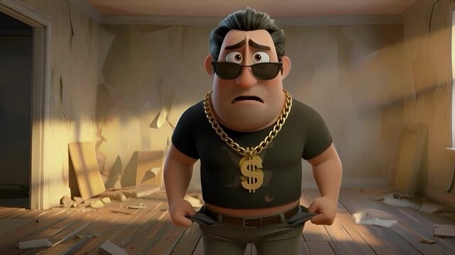 Cartoon man with dollar chain necklace showing empty pockets in a dirty, desolate room, representing financial distress concept and budget crisis