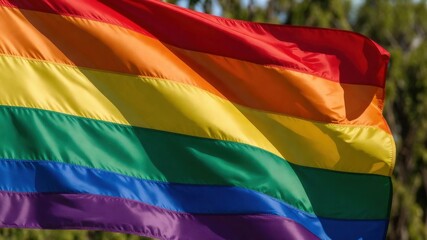 Fototapeta premium Vibrant rainbow flag waving in the wind against a green background.