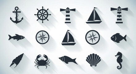 Nautical icons collection showcasing various maritime symbols and elements. © Suci