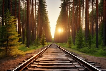 Fototapeta premium Railroad tracks lead into a sunlit pine forest, symbolizing journey and nature's path