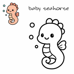 Cute Baby Seahorse Coloring Page for Kids Learning Activity Cartoon Line Art Illustration © Subiarto