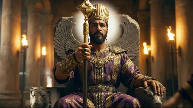 Ancient king on a majestic stone throne in a torch-lit palace receives a scepter, symbolizing absolute power concept and historical royalty