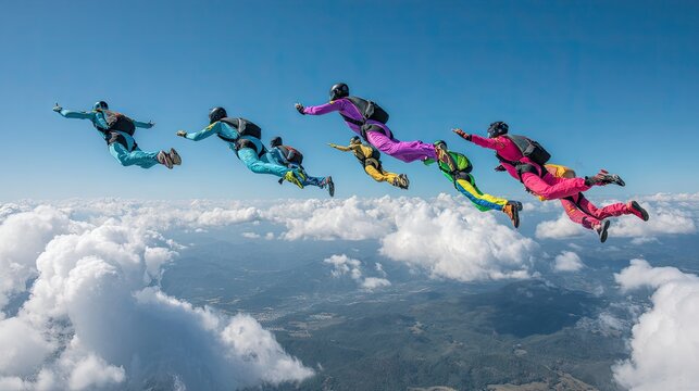 Skydiving group in colorful jumpsuits soaring against a vibrant blue sky background