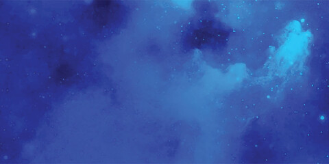 Abstract vibrant blue cosmic background with glowing nebula and bright stardust. © Mielda