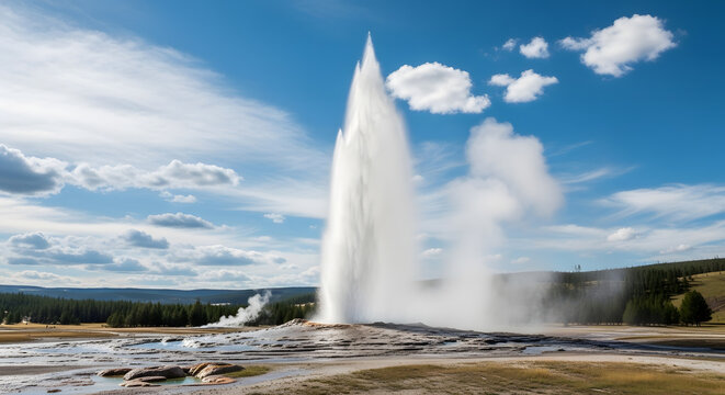 A powerful eruption of a natural geyser shooting water and steam high into a blue sky