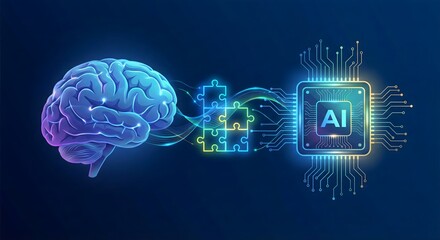 Fototapeta premium Human Brain Connecting to AI Microchip Through Glowing Puzzle Concept