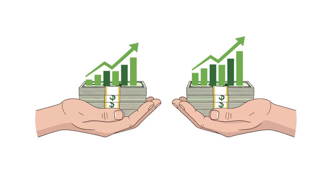 Hands holding money stacks with rising green bar charts symbolizing financial growth and investment