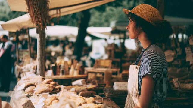 A vendor at a bustling farmers market surveys her artisanal bread display, surrounded by natural textures and earthy tones. The scene captures a peaceful, authentic rural lifestyle moment
