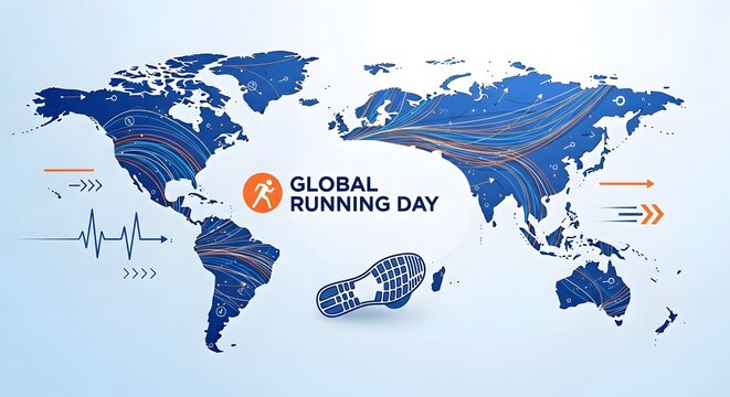 Global running day illustration with world map and athletic shoe print