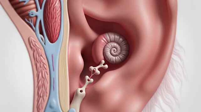 Detailed Medically Accurate Anatomical Illustration of the Human Ear Cross-Section Showing the Cochlea and Auditory Ossicles with Vibrant Vascular