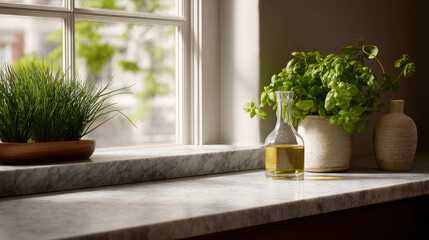 Fototapeta premium Sunlit Kitchen Scene with Stone Counter and Fresh Herbs in Glass Containers