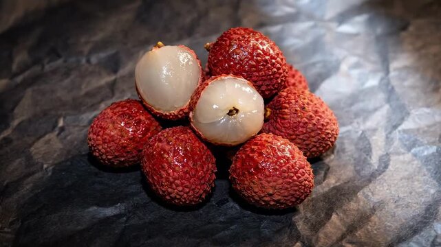 fruit with spikes. A close-up arrangement of fresh, vibrant lychee fruits, showcasing their textured red skin, with some peeled revealing the juicy white flesh inside, resting on dark paper