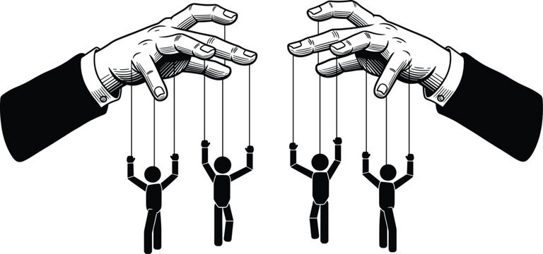 Hands controlling human puppets with strings, manipulation silhouette vector illustration, authority power icons, social political control design elements for stock graphics artwork