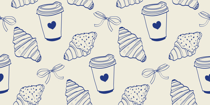 Seamless pattern with hand drawn doodlecroissants, coffee cups and bows. Cozy bakery background in blue and beige colors. Perfect for packaging, textiles, wrapping paper, cafe branding and food design