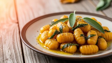 Butternut gnocchi with sage butter and cracked pepper for autumn restaurant menu background and cozy dinner banner