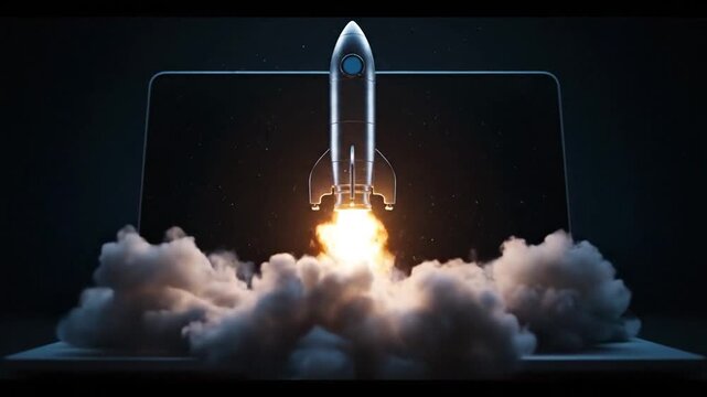 Rocket coming out of computer (laptop) Symbolizing Startup Success