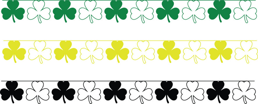 Decorative green shamrock border patterns on a white background. Vector, illustration