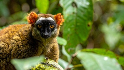 Obraz premium Close-up portrait of a brown lemur with striking orange eyes and black facial markings, perched amidst lush green foliage in a natural rainforest environment.