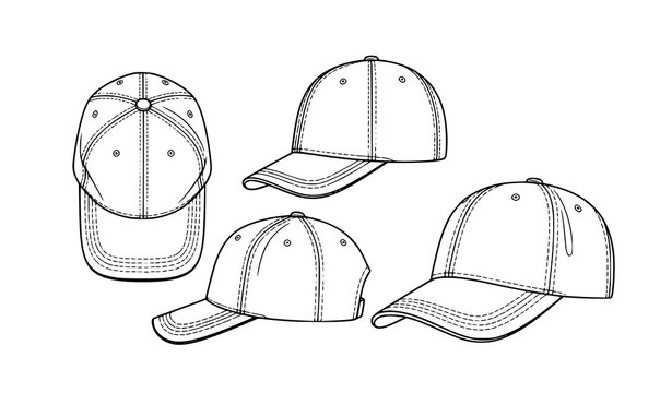 Baseball cap outline vector set with top front side and perspective views minimal apparel design template isolated on white