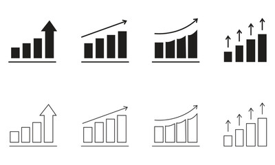 Fototapeta premium Set of 8 black and white icons representing business growth and upward trend charts vector illustration