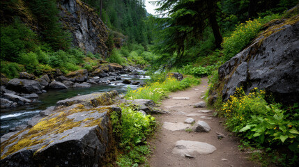 Serene Nature Trail Next to Clear Stream Surrounded by Moss and Rocks