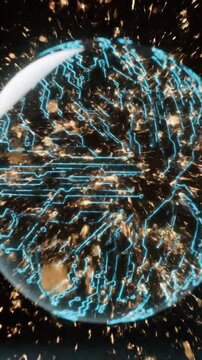Futuristic digital globe with glowing circuit lines and technology theme