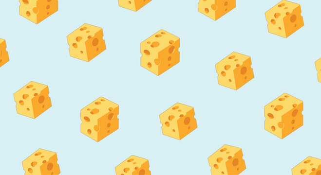 Seamless pattern of yellow cheese cubes with holes on a light blue background for food packaging and kitchen decor.