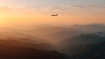 An airplane flies over layered mountain ranges bathed in the warm hazy glow of a sunset