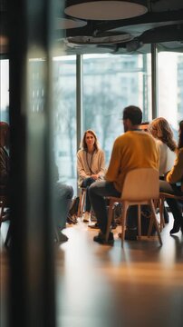 Participants engage in a group counseling meeting, sharing experiences and offering support in a contemporary setting. The scene highlights emotional connection, empathy, and community healing