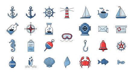 Collection of nautical themed icons representing various maritime elements and symbols. © Kimpling