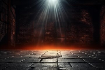 Fototapeta premium Empty dark street with brick walls, cobblestone floor, and mysterious ambient lighting