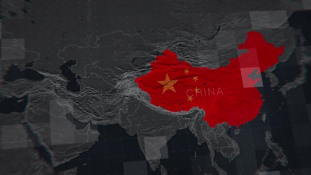 Aerial flyover of a 3D map of China. The view includes mainland China, the island of Taiwan, and the coastal waters of the South China Sea, highlighting the country's territorial integrity. 