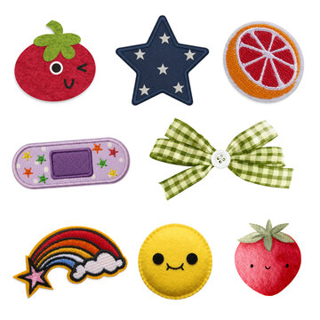 Collection of colorful cute embroidered patches and fabric appliques featuring whimsical fruits, stars, and happy faces perfect for creative crafting and kids' designs