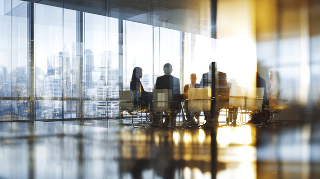 Silhouettes of business people in a modern skyscraper boardroom with city skyline view at sunset, team meeting and corporate strategy concept.