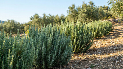 Fototapeta premium Rosemary plants grow in rows on a farm with olive trees in the background during daylight