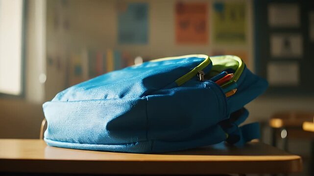 Blue backpack on wooden desk with sunlight in educational setting
