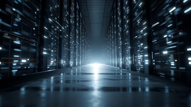 Blurry long exposure shot of a dimly lit server room with rows of computer servers and a bright light at the end, conveying a sense of technology and data storage in a dark and moody