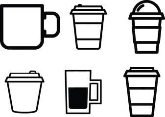 Set of coffee cups and disposable take away coffee containers  various designs
