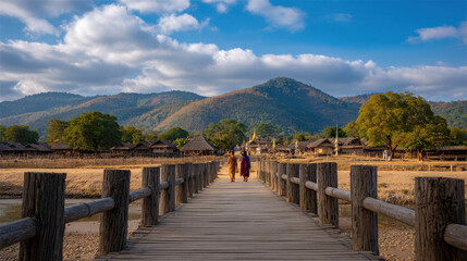 Obraz premium Scenic Wooden Bridge Leading to a Charming Village Surrounded by Nature