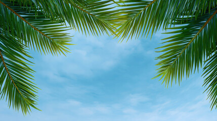 Fototapeta premium Lush Palm Leaves Framing a Tranquil Sky in a Professional Studio Setting