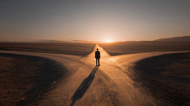 Lone businessman standing at a desert crossroads at sunset, symbolizing decision making, choice, and pathfinding in life or career.