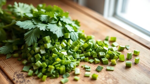 lovage. Freshly chopped lovage leaves on a rustic wooden cutting board, bright green color and texture. menu design, packaging mockups, designed for culinary blogs and recipe cards for restaurants.