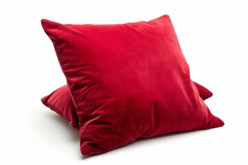 Two elegant red velvet cushions resting on white background