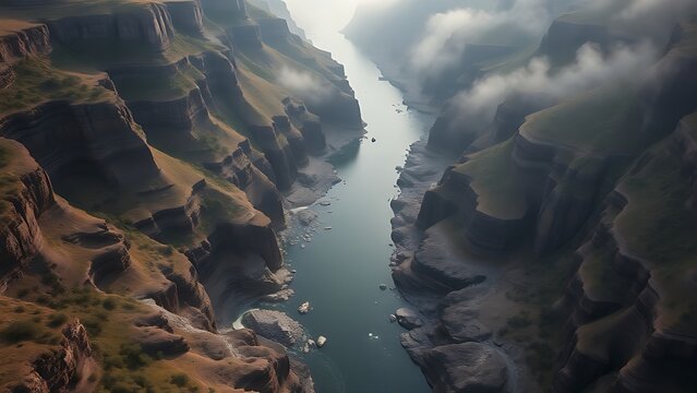 flocculation. Aerial view of small streams converging into a wide river in a canyon. travel magazines, destination branding, designed for outdoor magazines and nature guides.