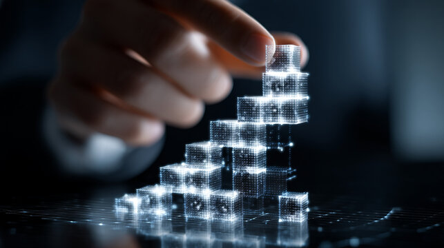 Businessman's hand stacking luminous digital cubes, forming a growth chart, representing data analysis, financial progress, and business strategy.