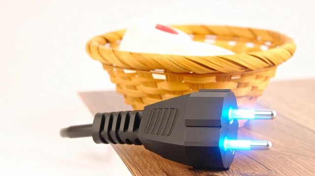 Glowing Electrical Plug on Wooden Table.