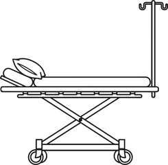 Fototapeta premium Black and white line of a medical gurney with I V pole and pillows hospital bed stretcher IV pole intravenous pole