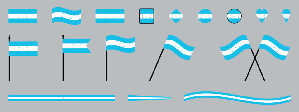 Honduras Flag Set National Flag of Honduras Vector Collection with Waving, Icons, Heart, and Shield Shapes.