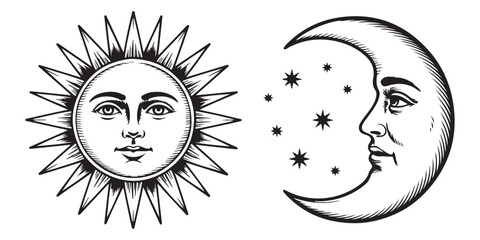 Vintage sun and crescent moon with stars graphic design element vintage illustration sun face moon face © Siyam Islam