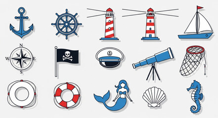 Collection of nautical and maritime themed illustrations and icons. © malika